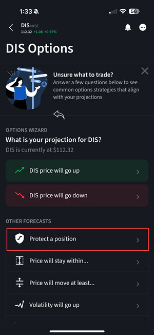 The option wizard protect a position on the iPhone. 